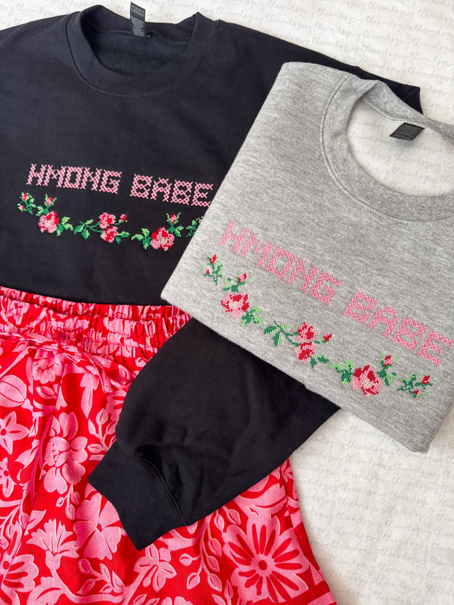 "Hmong Babe" Vintage Roses Cross Stitch Crewneck (PRE-ORDER)