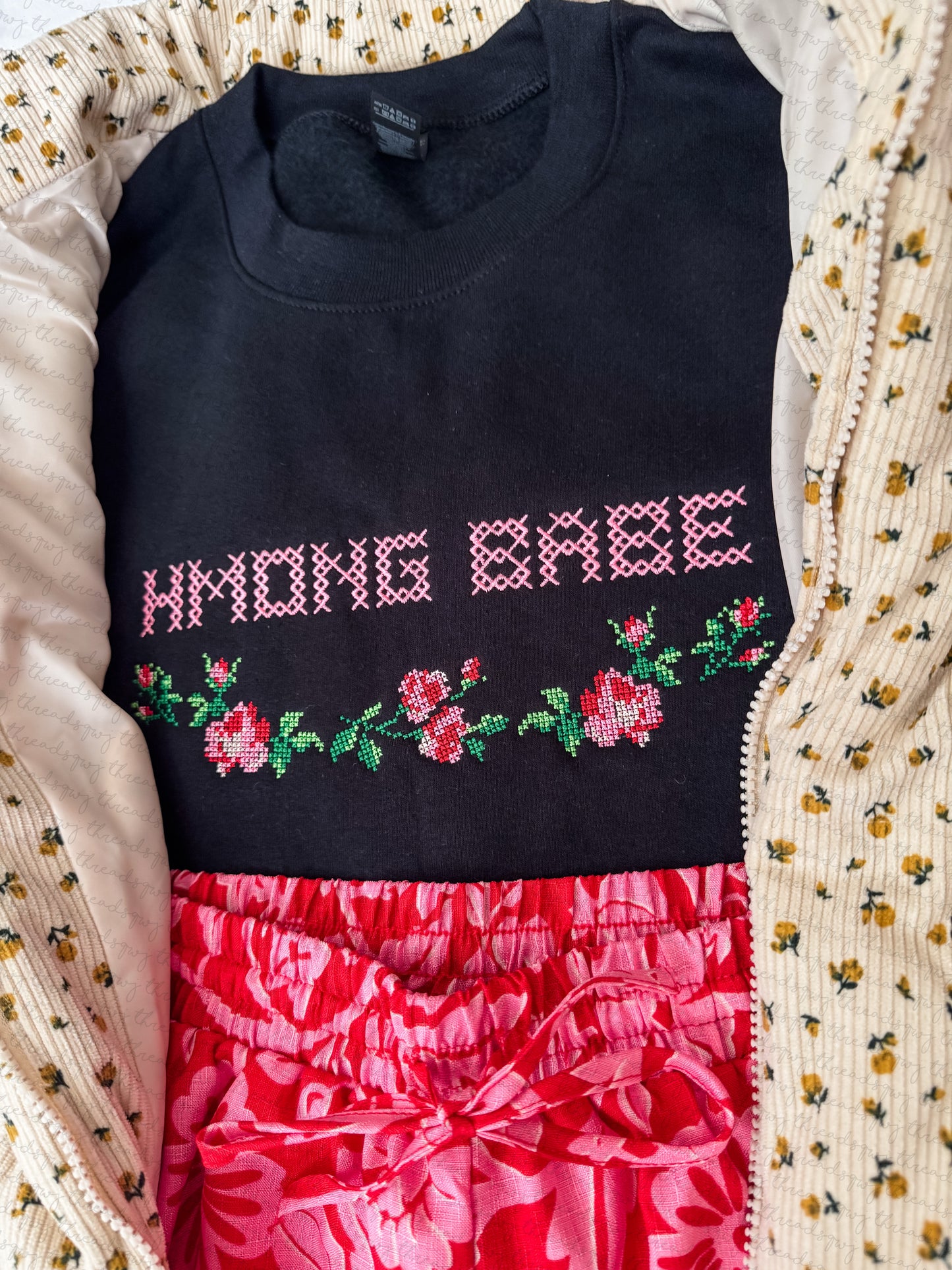 "Hmong Babe" Vintage Roses Cross Stitch Crewneck (PRE-ORDER)