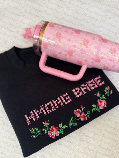 "Hmong Babe" Vintage Roses Cross Stitch Crewneck (PRE-ORDER)