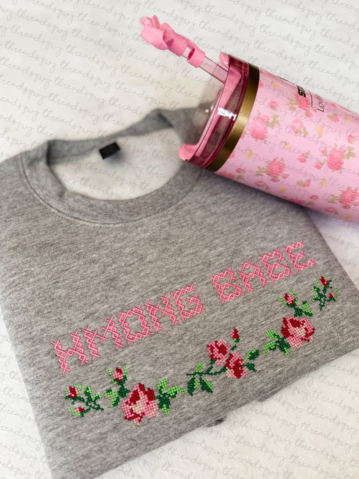 "Hmong Babe" Vintage Roses Cross Stitch Crewneck (PRE-ORDER)