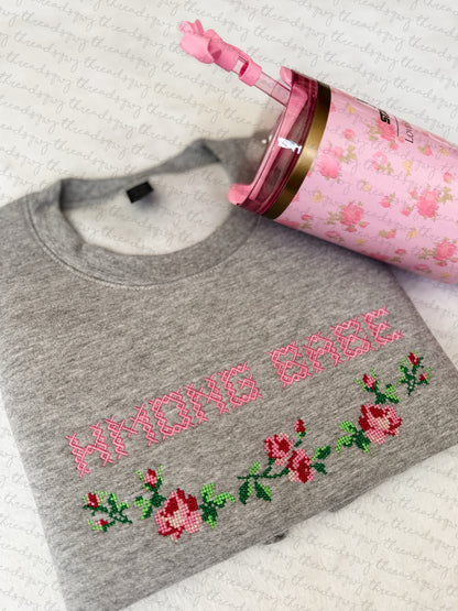 "Hmong Babe" Vintage Roses Cross Stitch Crewneck (PRE-ORDER)