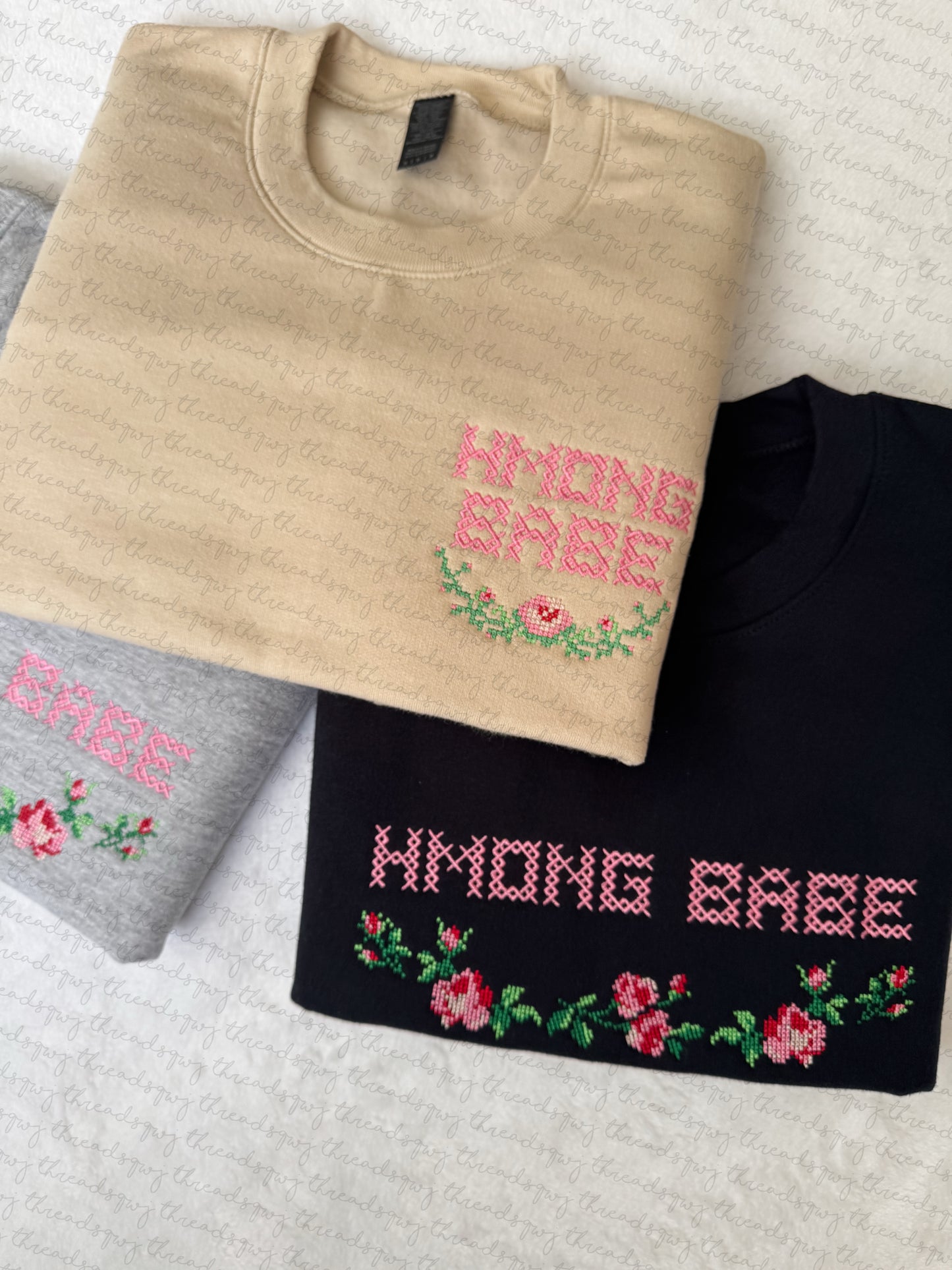 "Hmong Babe" Vintage Roses Cross Stitch Left Chest Crewneck (PRE-ORDER)