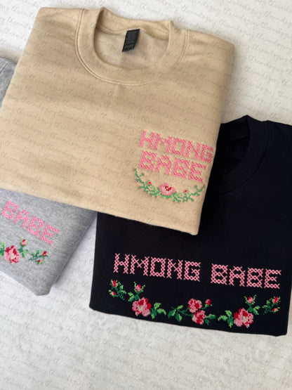 "Hmong Babe" Vintage Roses Cross Stitch Left Chest Crewneck (PRE-ORDER)